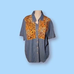 Vintage large denim/leopard  button down